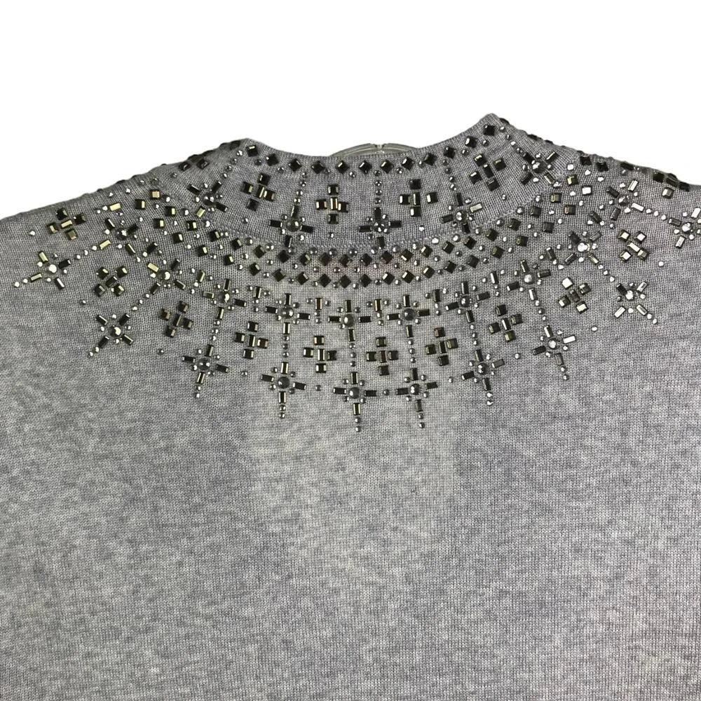 Tory Burch Sweater Womens XS Grey Embellished Split Neck Tunic Crystal Stud Knit